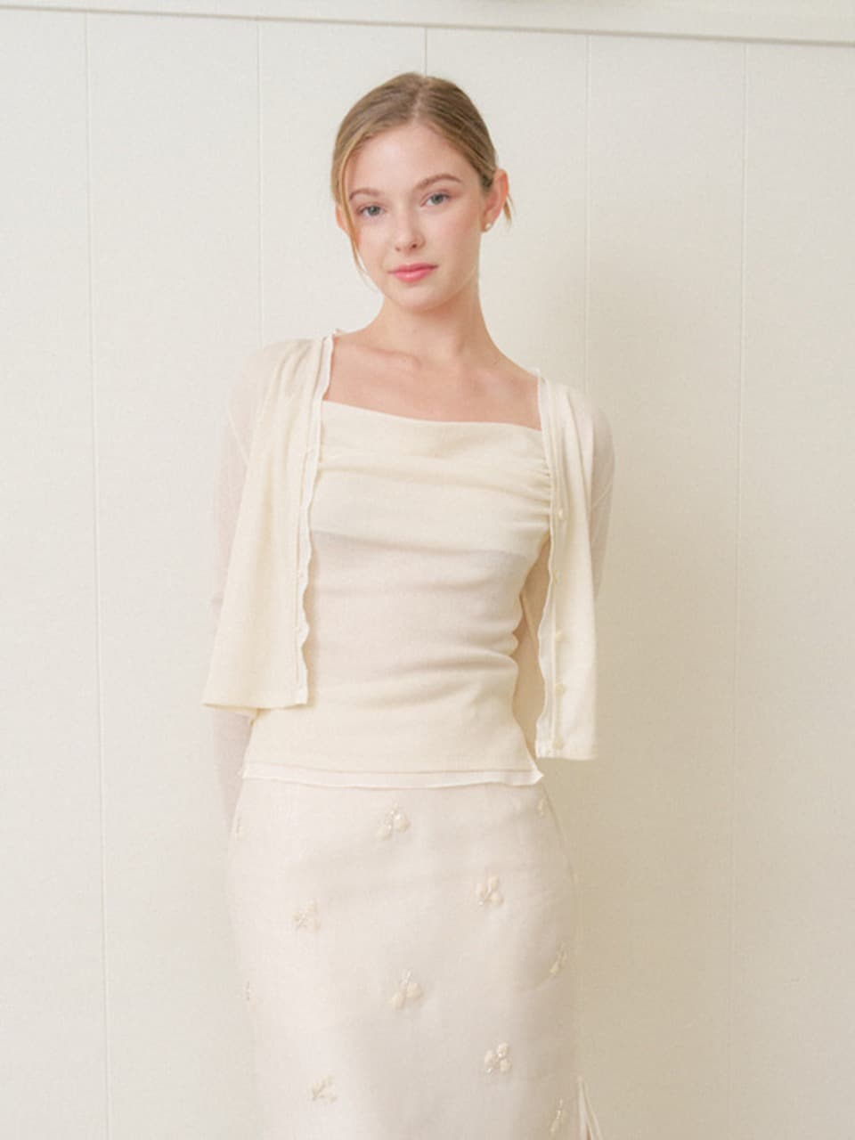 Chiffon layered cardigan set/ Ivory(2color)