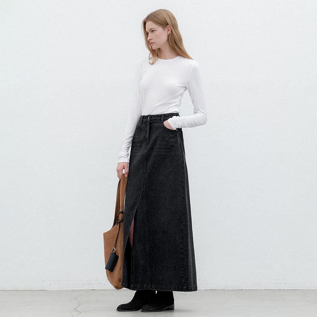 (Z-SK-5040)SLIT POINT DENIM MAXI SKIRT