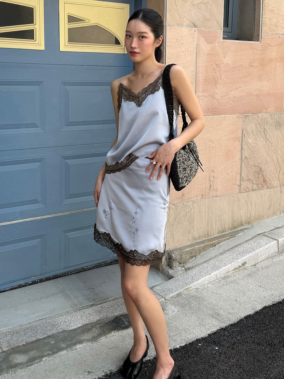 LACE SATIN HOTFIX SKIRT (LIGHT BLUE)