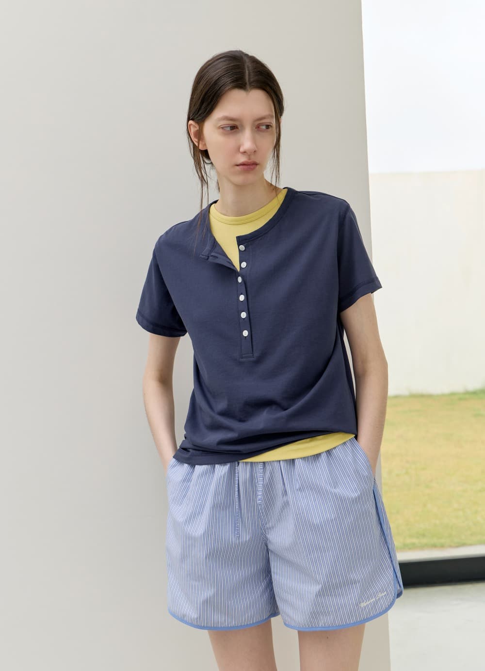 Henley Neck Cotton T-shirt - Blueberry Navy
