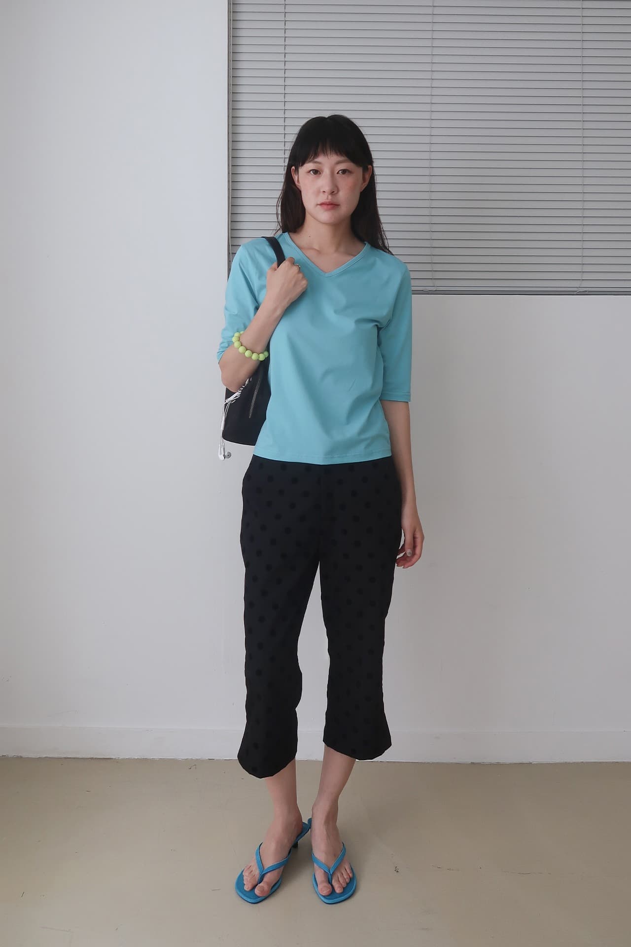 V-NECK MID SLEEVE T-SHIRT_AQUA