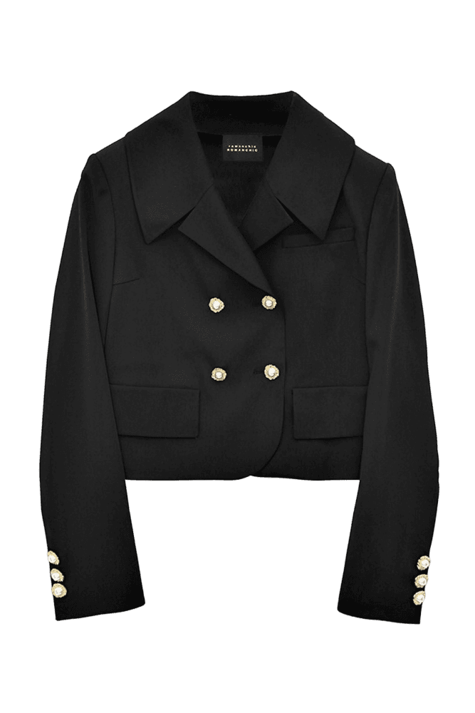 Pearl Button Cropped Double Jacket (Black)