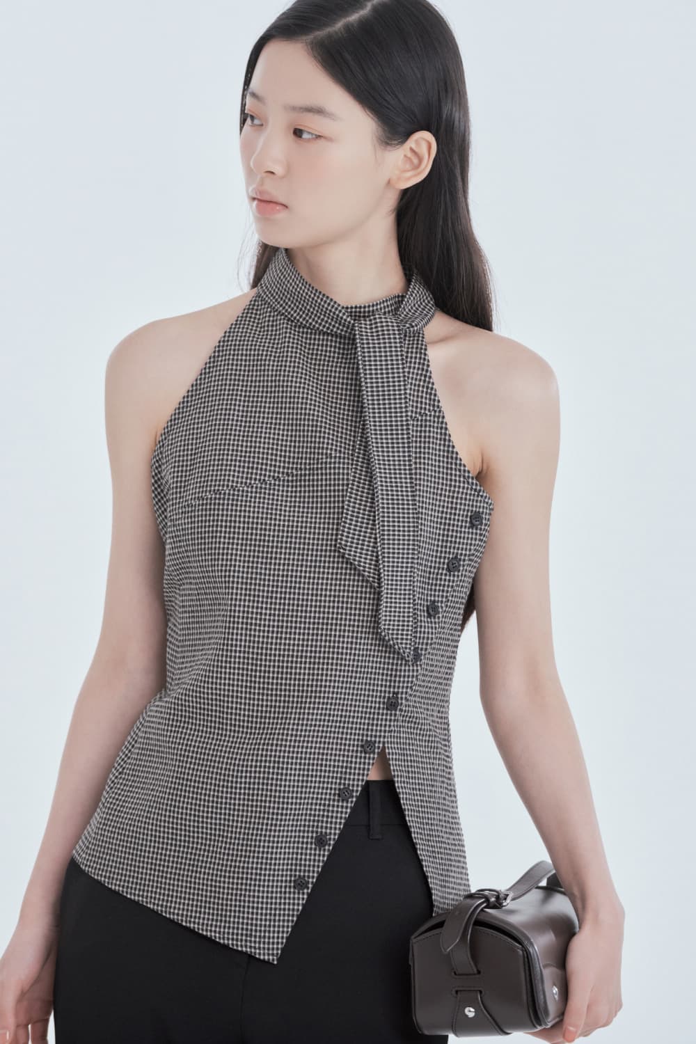 Asymmetric Scarf Halter Neck Blouse - Black Check
