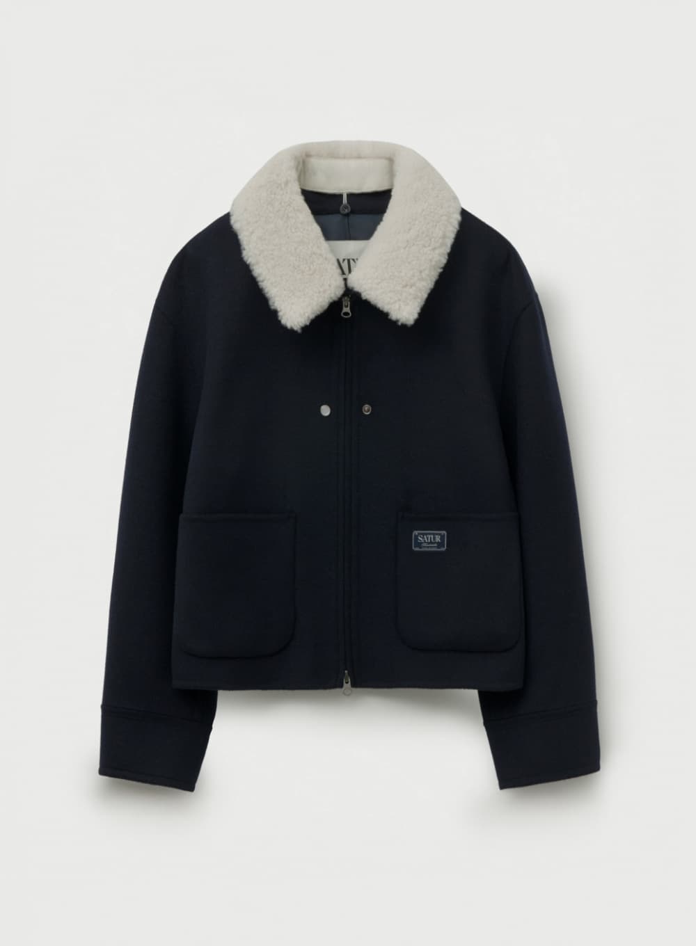 (W) Shearling Collar Wool Blend Jacket - Navy