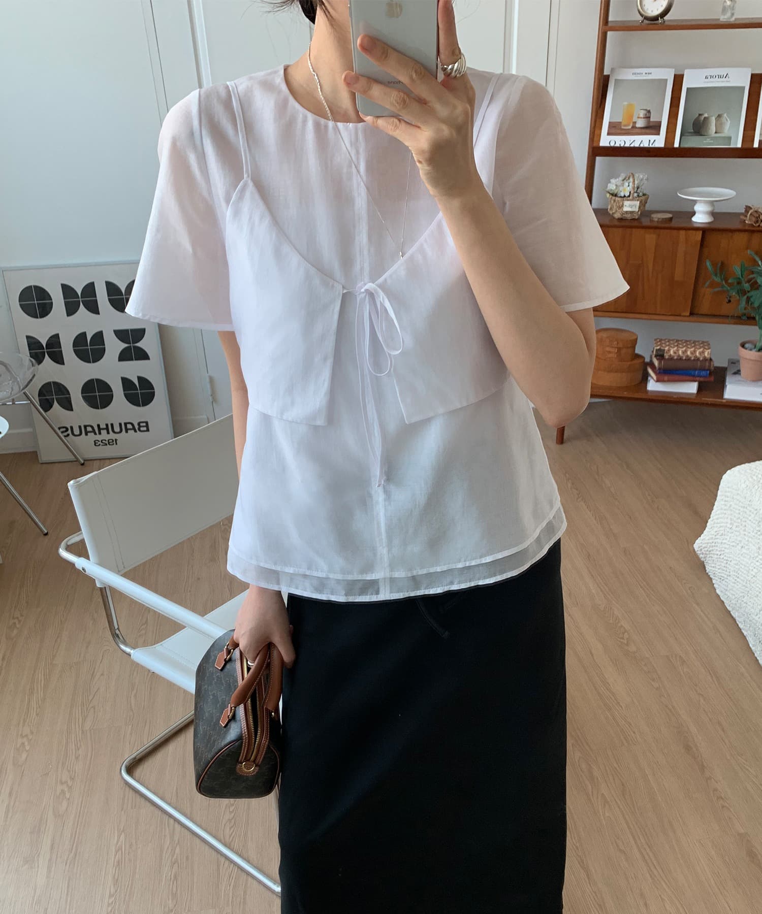 시어 레이어 뷔스티에 블라우스 [WHITE]