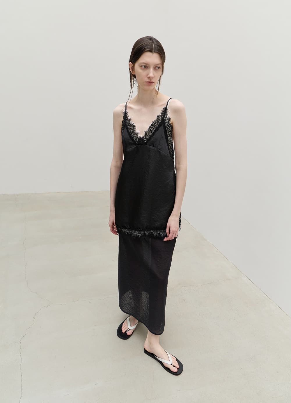 Silky Lace Layered Slip Top - Black