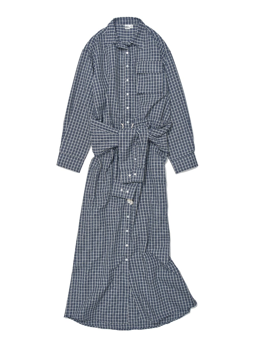 SLEEVE-TIE SHIRT MAXI DRESS_NAVY CHECK