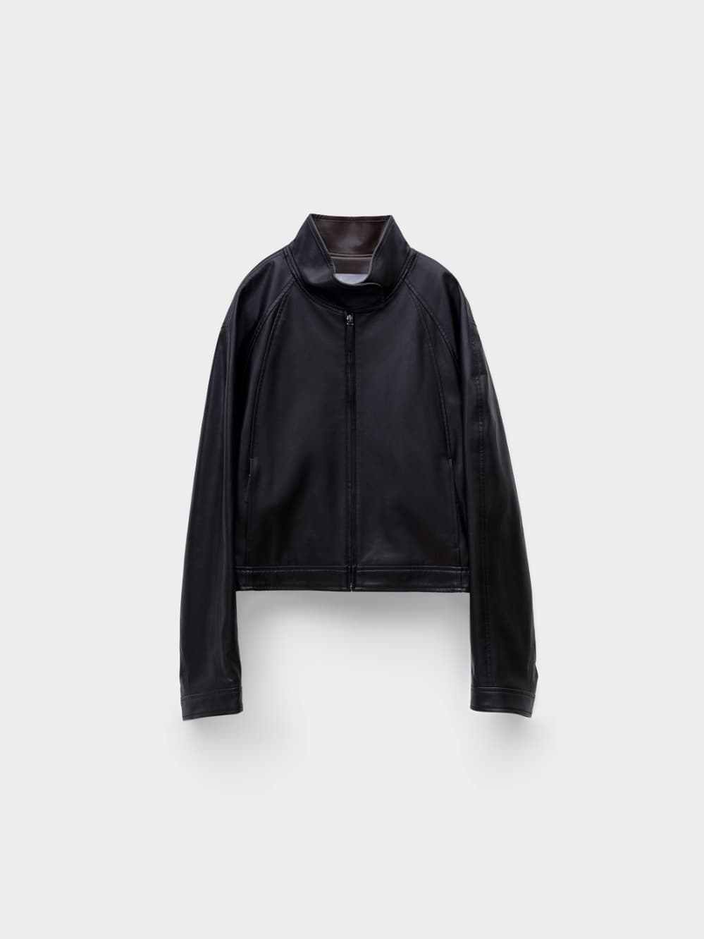 Stand Collar Artificial Leather Jumper_Black