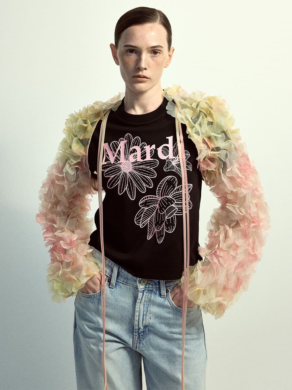 SLIM TSHIRT TRIPLE FLOWER_BLACK PINK