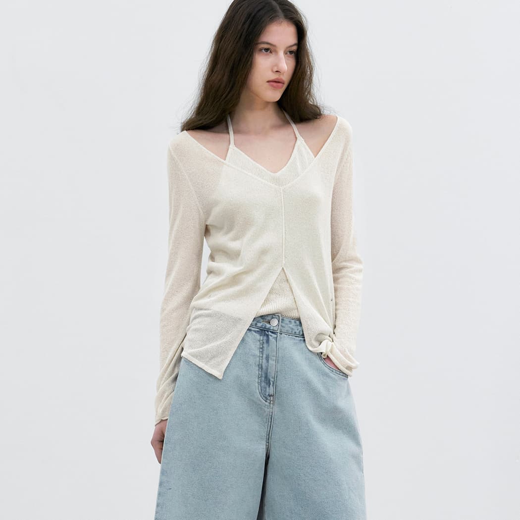(T-7241)SUMMER BOUCLE LAYERD HALTER NECK KNIT TOP