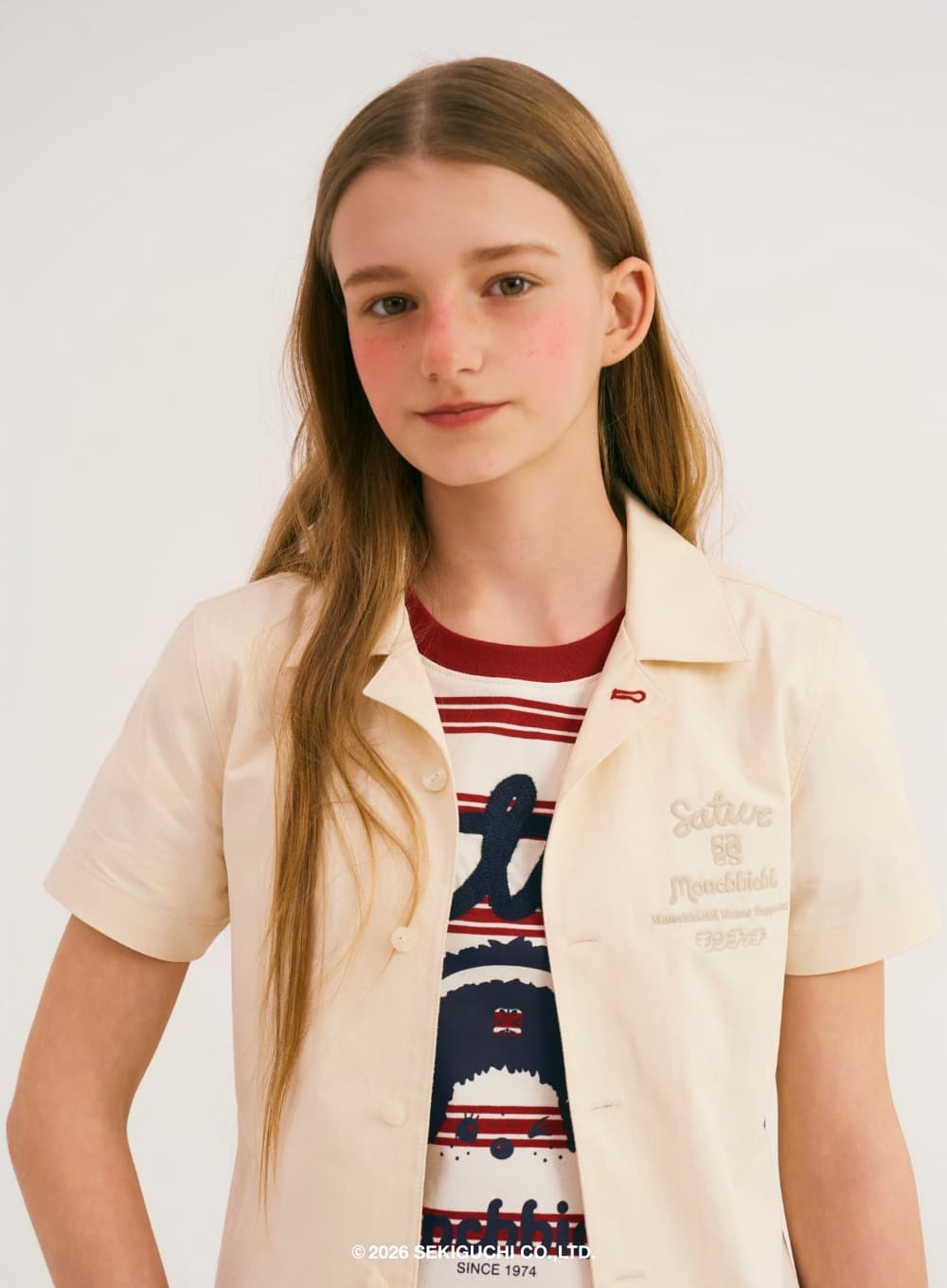 (W) Satur X Monchhichi Graphic Half Shirt - Cream