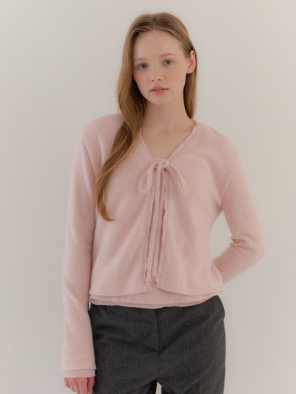Chiffon-layered Fluffy Cardigan & Sleeveless Top / Pink(2color)