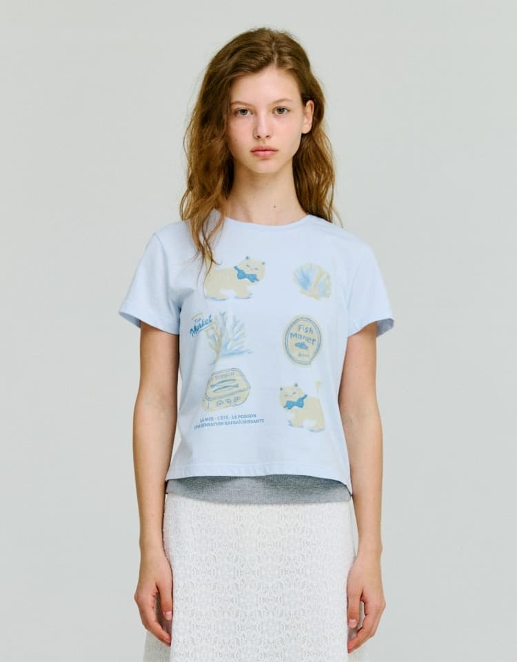 kitten fish market slim t-shirt - light blue