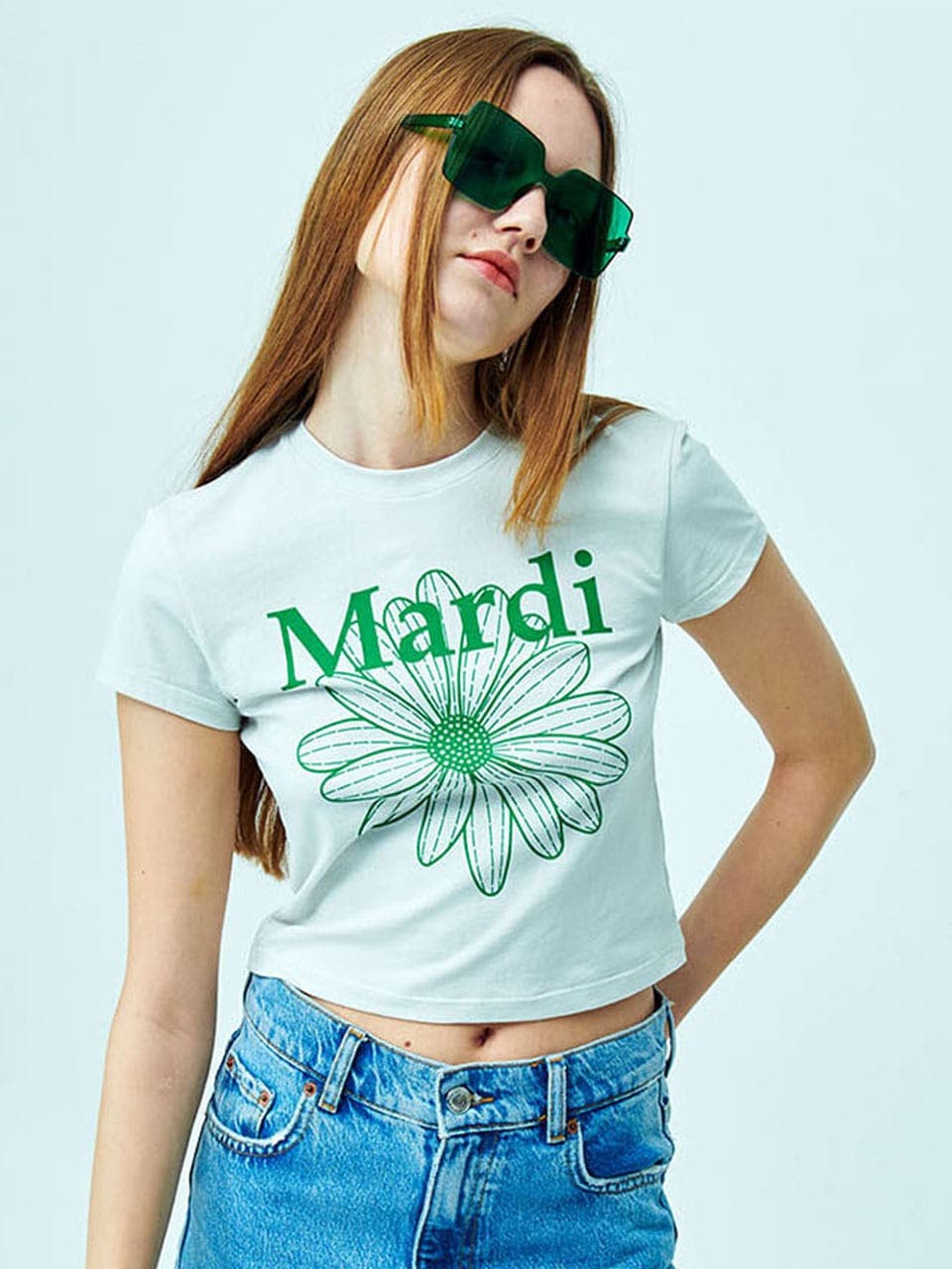 CROPPED TSHIRT FLOWERMARDI_LIGHTBEIGE GREEN