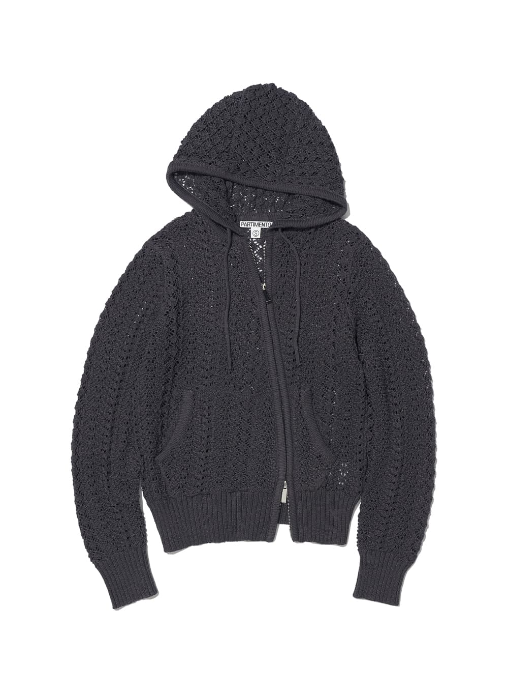 OPENWORK ASYMMETRIC ZIP-UP HOODIE KNIT_CHARCOAL
