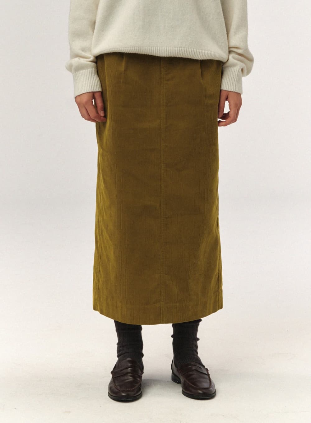 (W) Corduroy Long Skirt - Olive Green