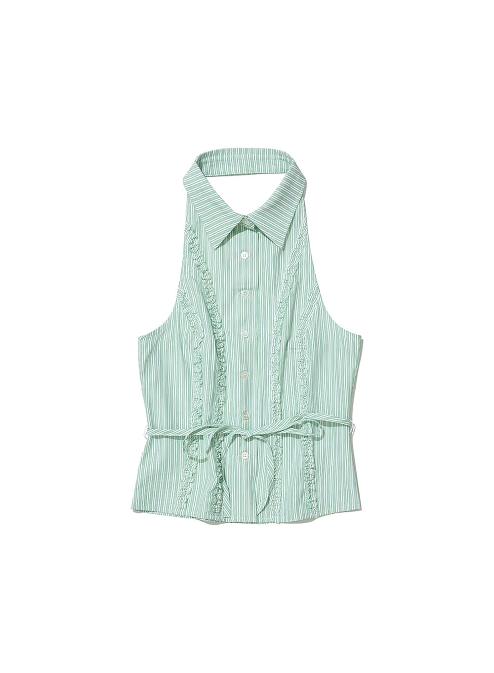 FRILL TRIM HALTER NECK SHIRT_LIGHT GREEN
