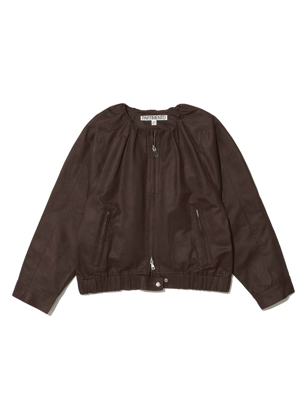 NON COLLAR SHIRRING BOMBER JACKET_BROWN