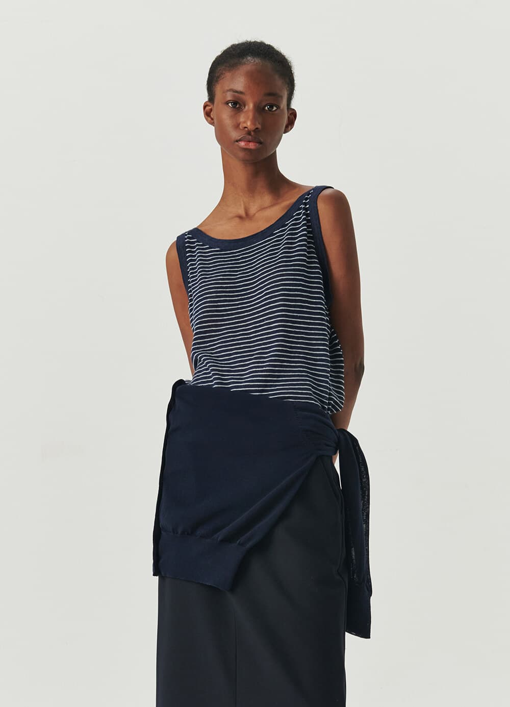 Linen Stripe Sleeveless Top - Navy
