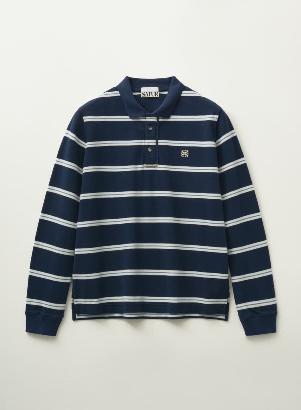 (W) Stripe Pique Polo Long Sleeve - Navy