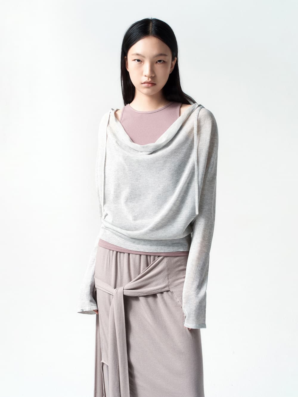 카울넥 후드 니트 MELANGE GREY