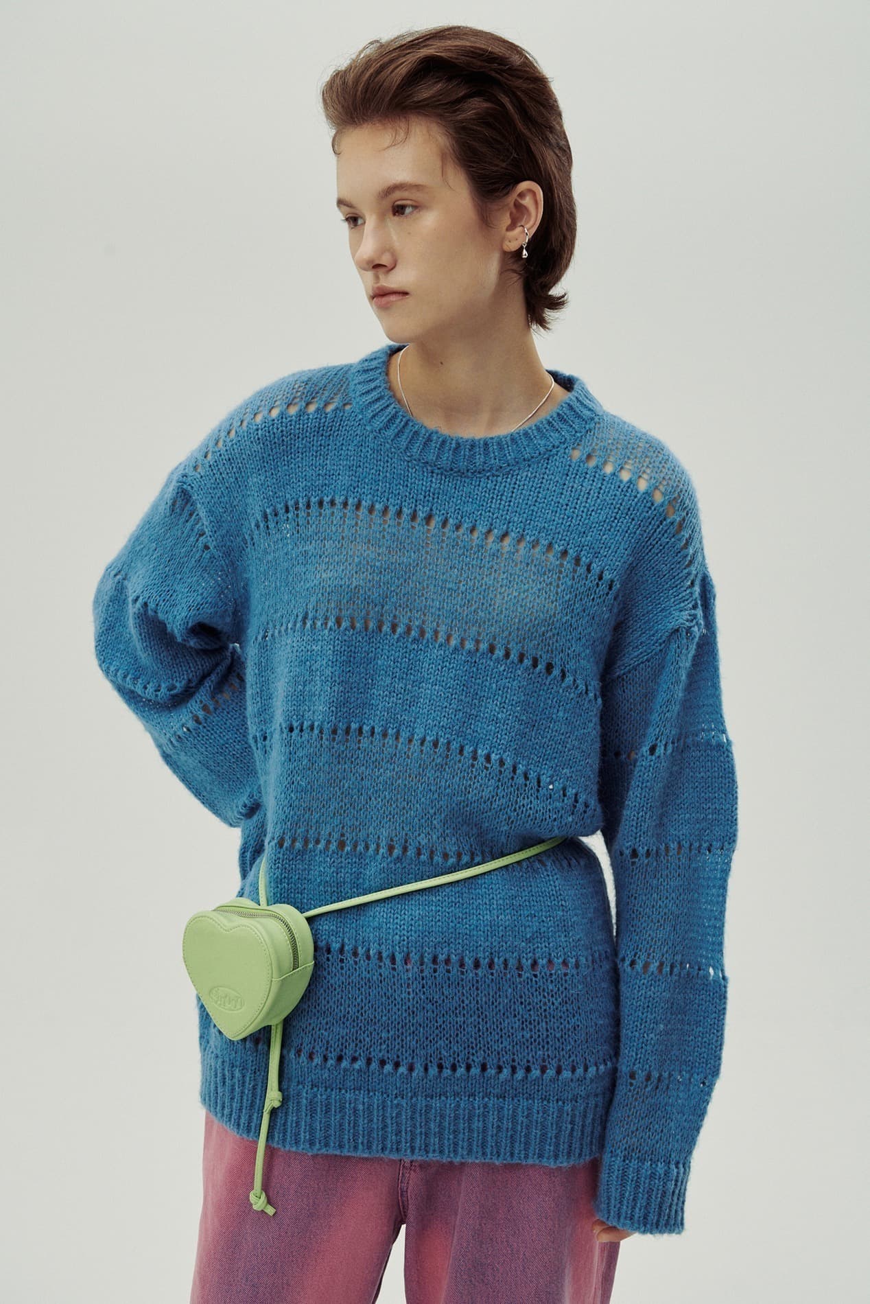 Crochet Crew Neck Sweater (Blue)