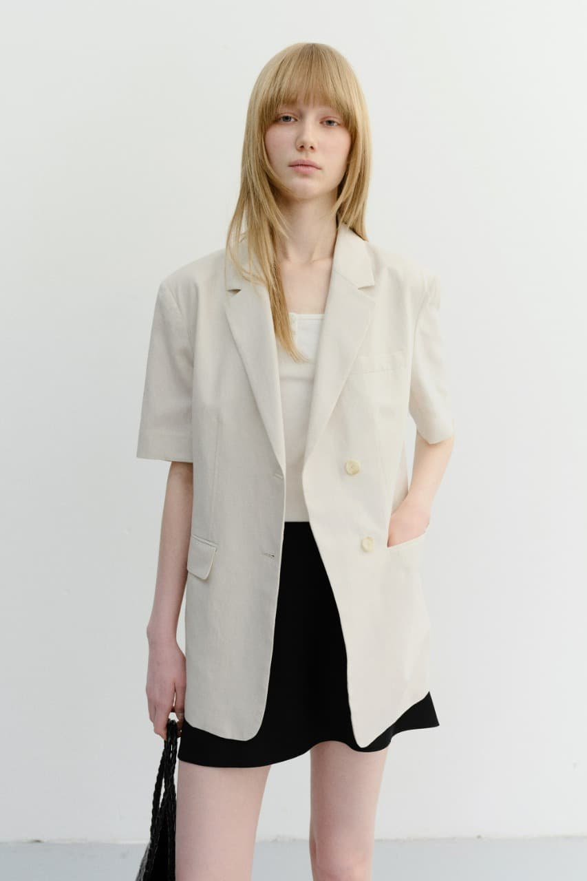HALF SLEEVE BELTED LINEN JACKET CREAM_UDJA6B226CR