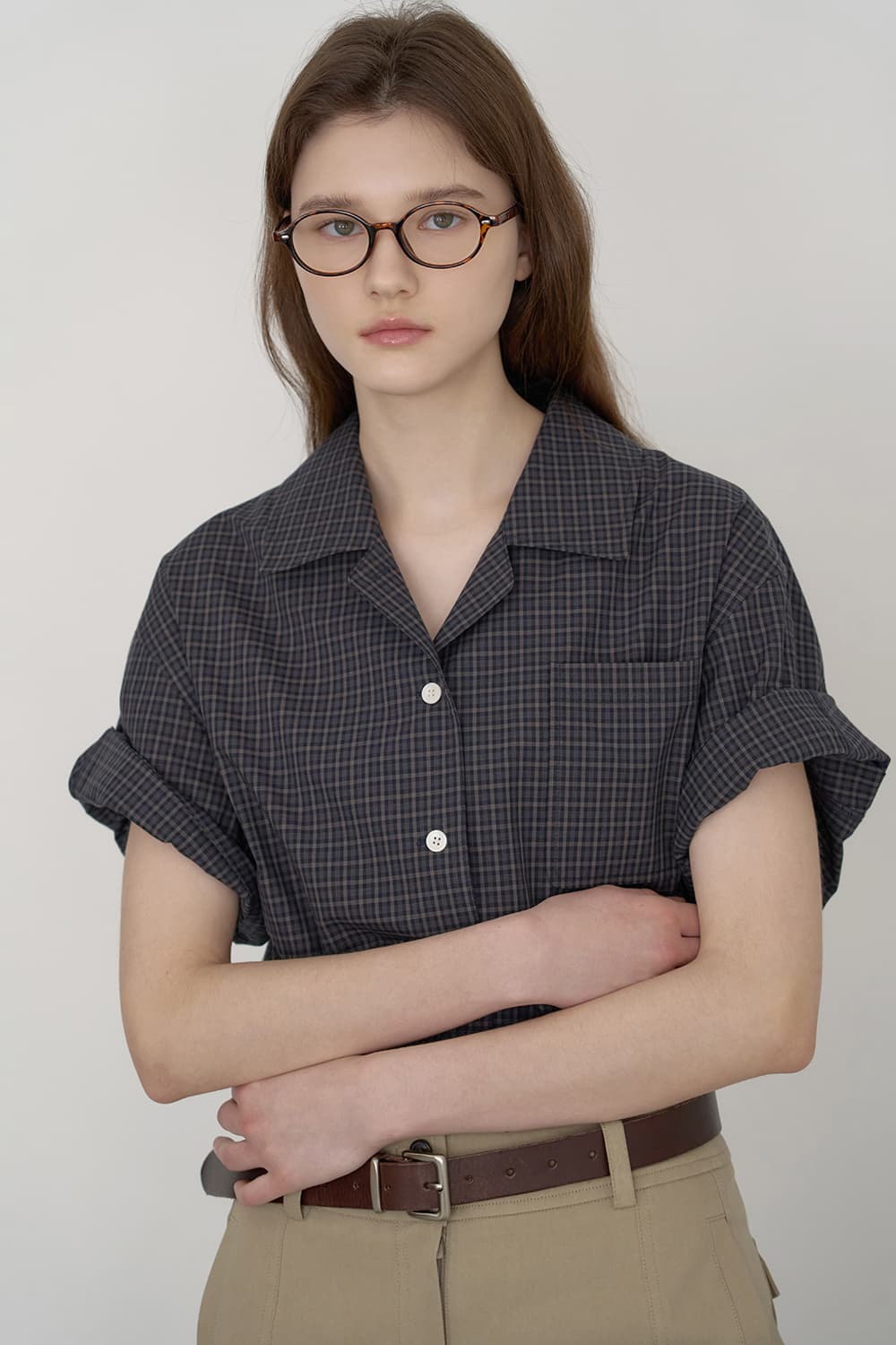 Vintage open collar blouse Check [N6MBL02]