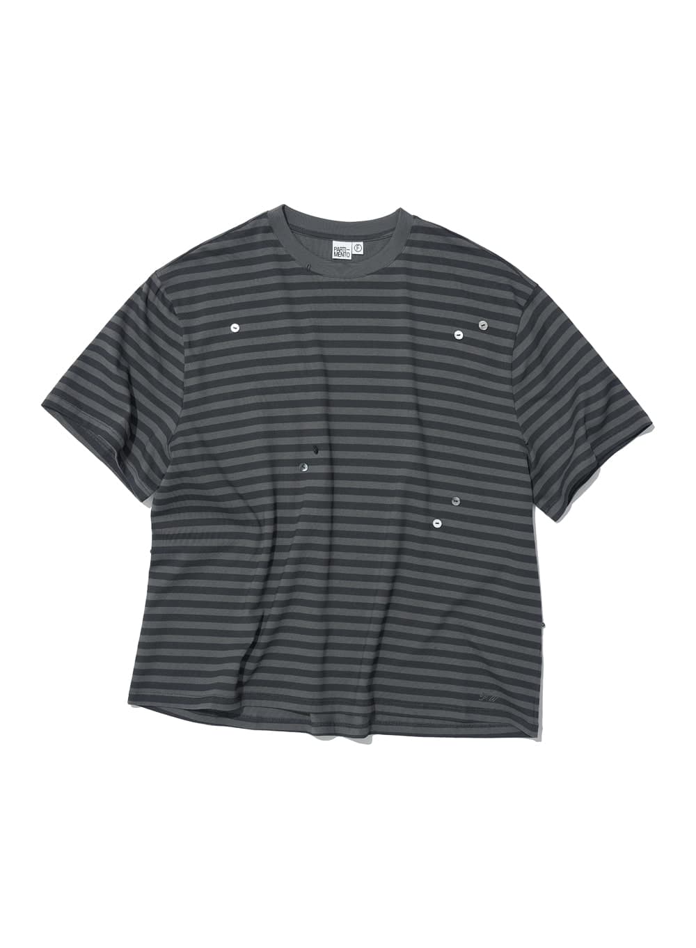 BUTTON DRAPE OVERSIZED SHORT SLEEVE TEE_CHARCOAL STRIPE