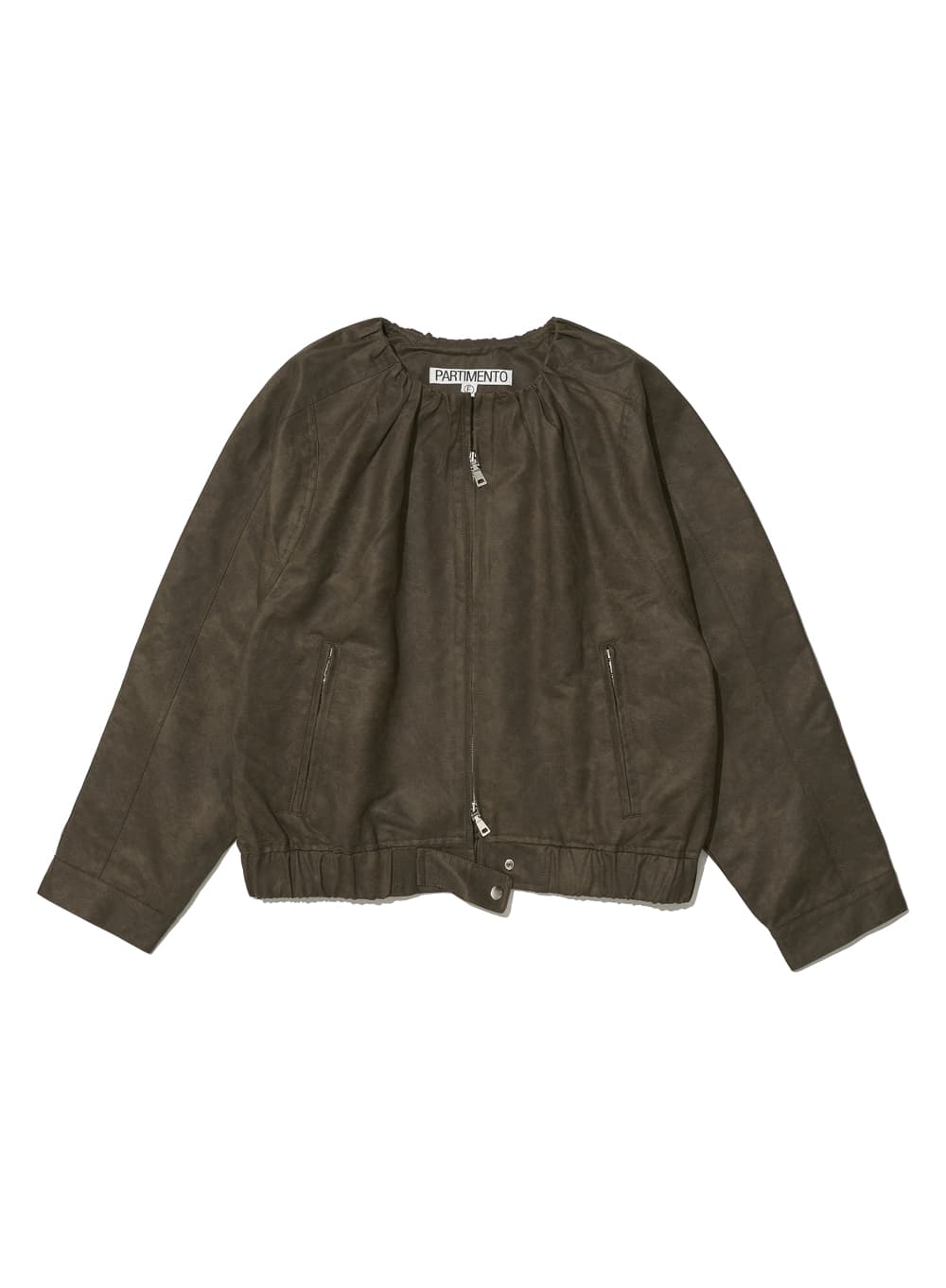 NON COLLAR SHIRRING BOMBER JACKET_KHAKI