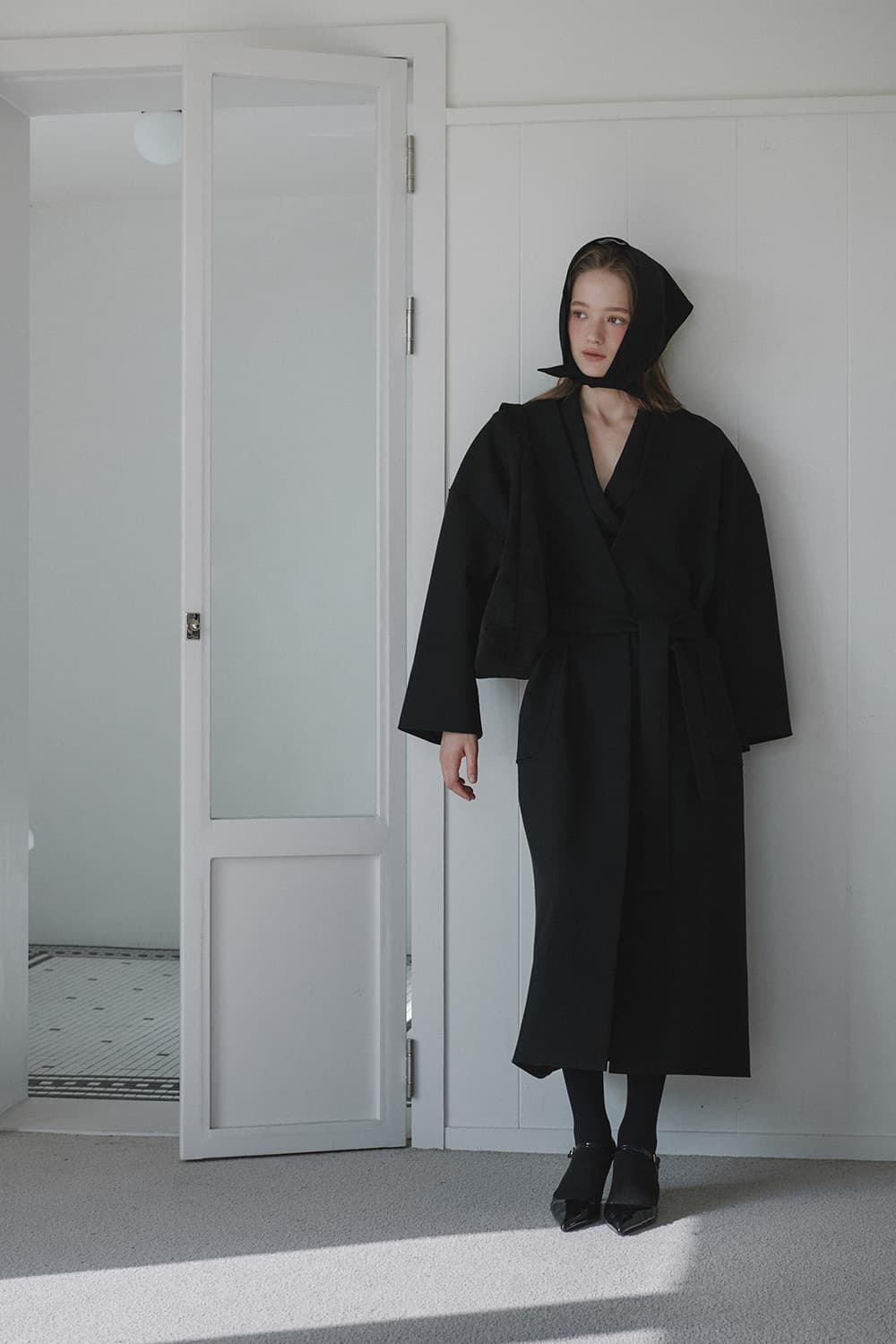 Helena Wool Head Scarf Coat Set - Black