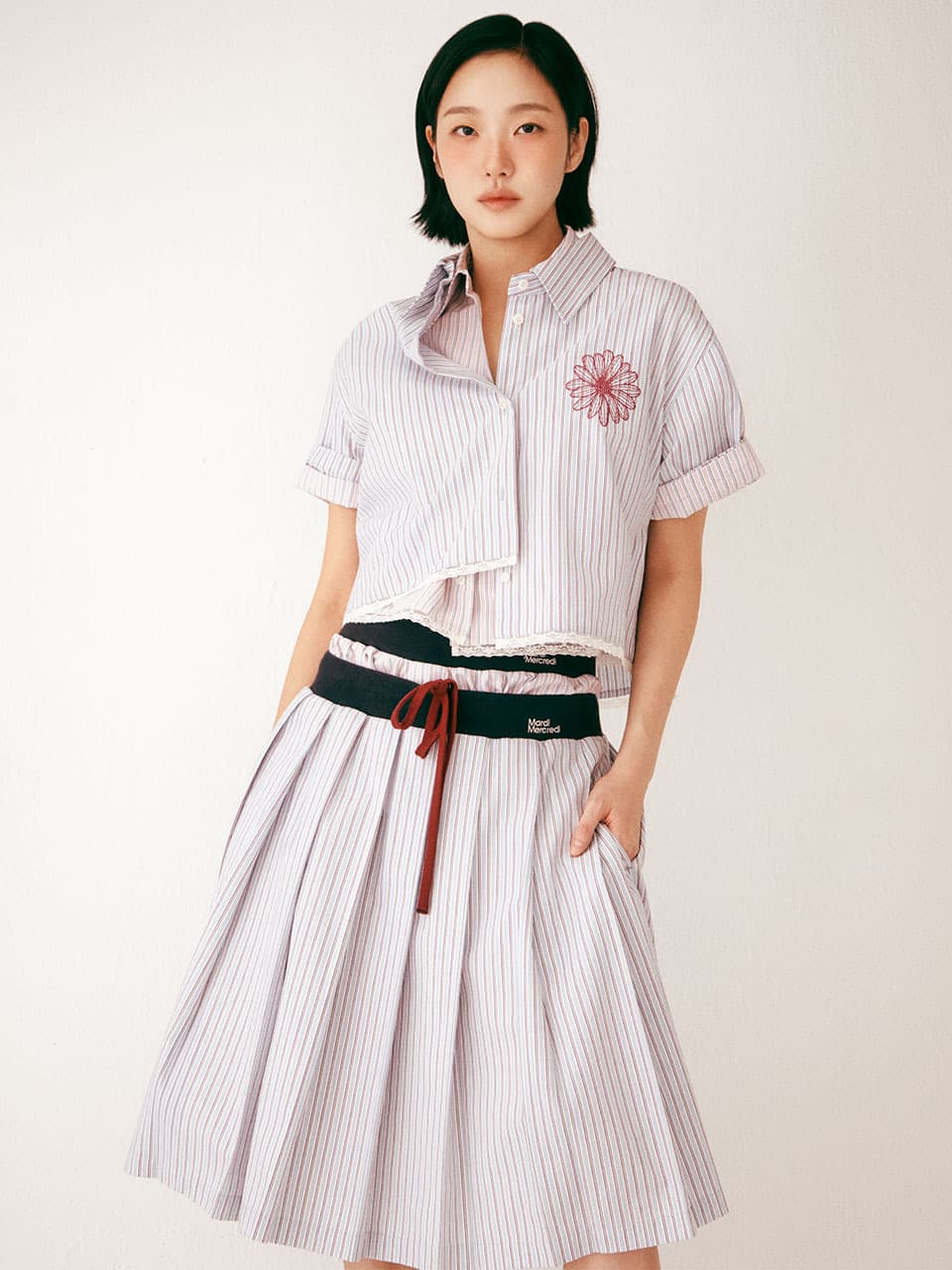COTTON PLEATED MIDI SKIRT STRIPE_BLUE