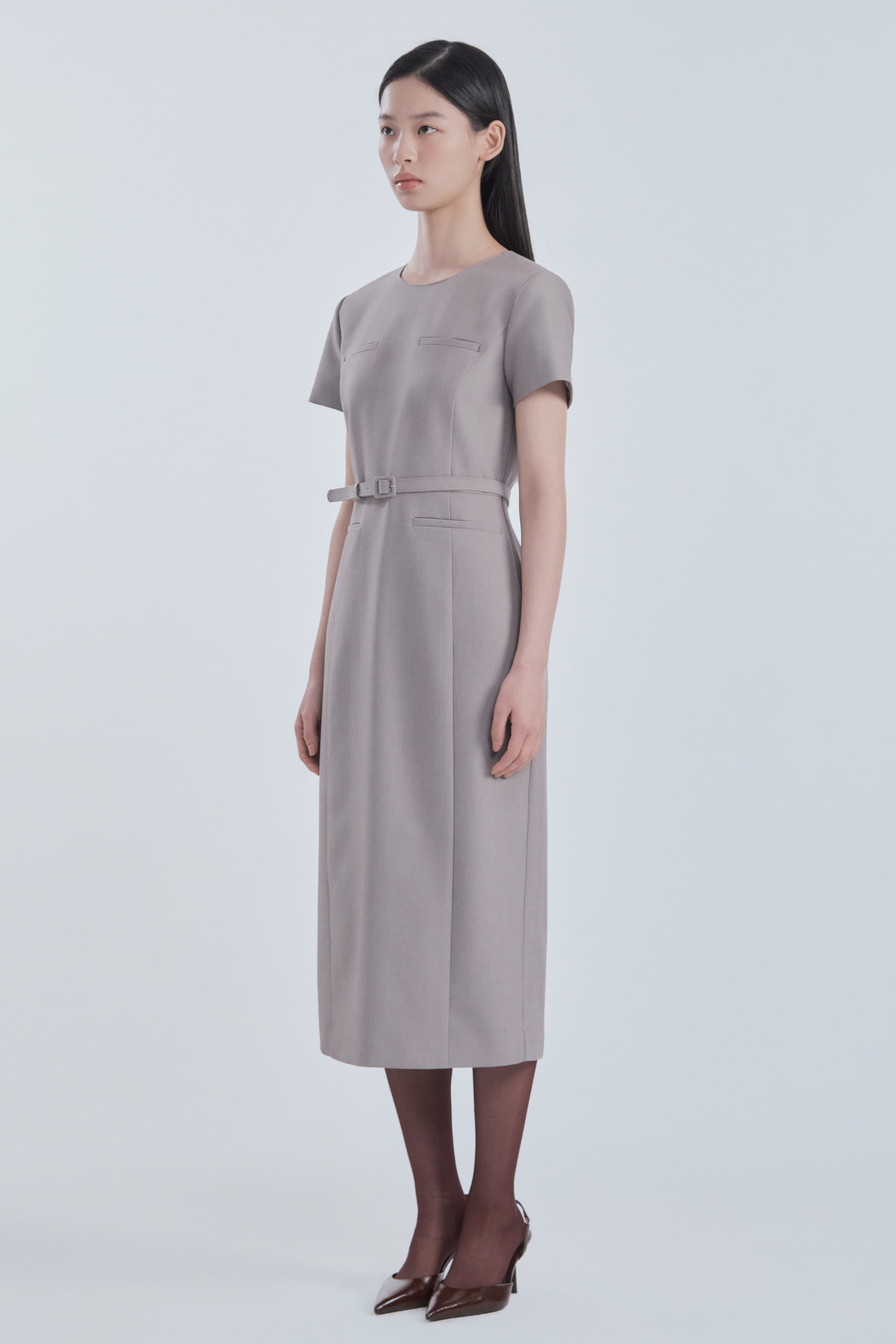 Belted Round Neck Long Suit Dress - Ash Beige