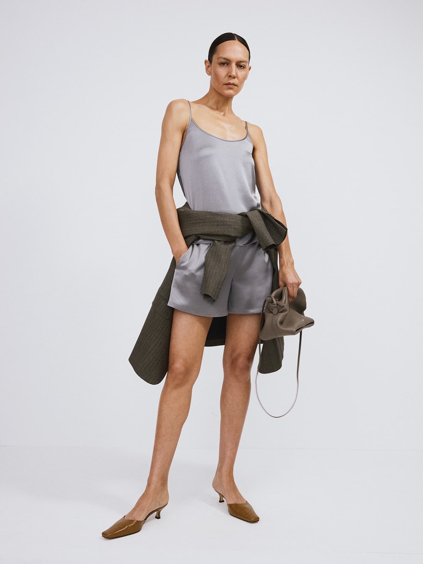 SATIN BACK BANDING  SHORTS (STONE GREY)