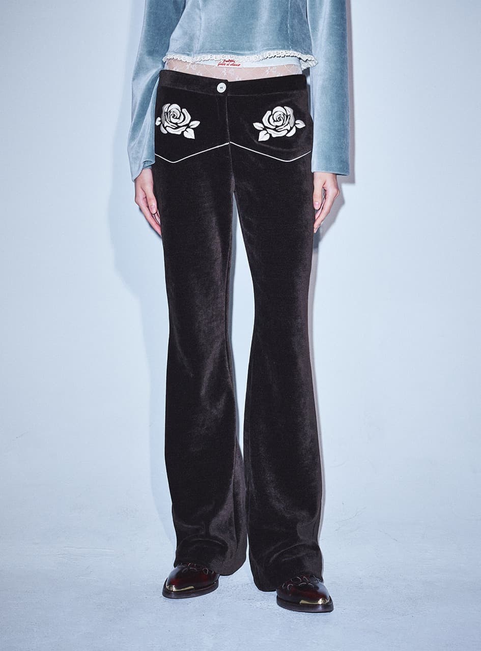 VELVET FLARE PANTS ROSE_BROWN IVORY
