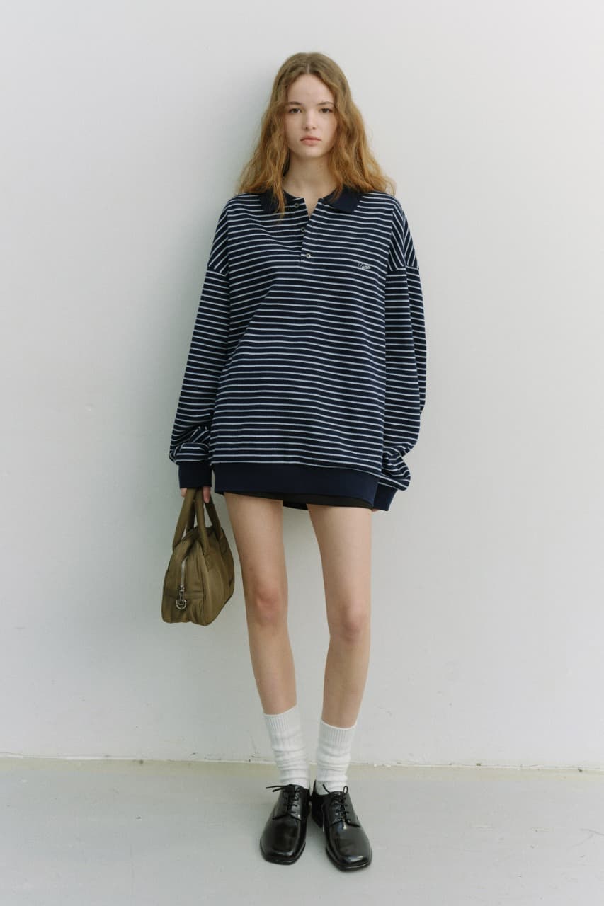 UNISEX STRIPED LOGO COLLARED T-SHIRT NAVY_UDTS6A120N2