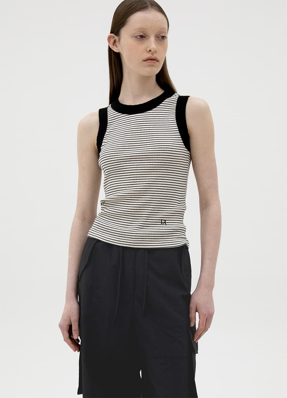 Cotton Stripe Rib Sleeveless Top - White&Black