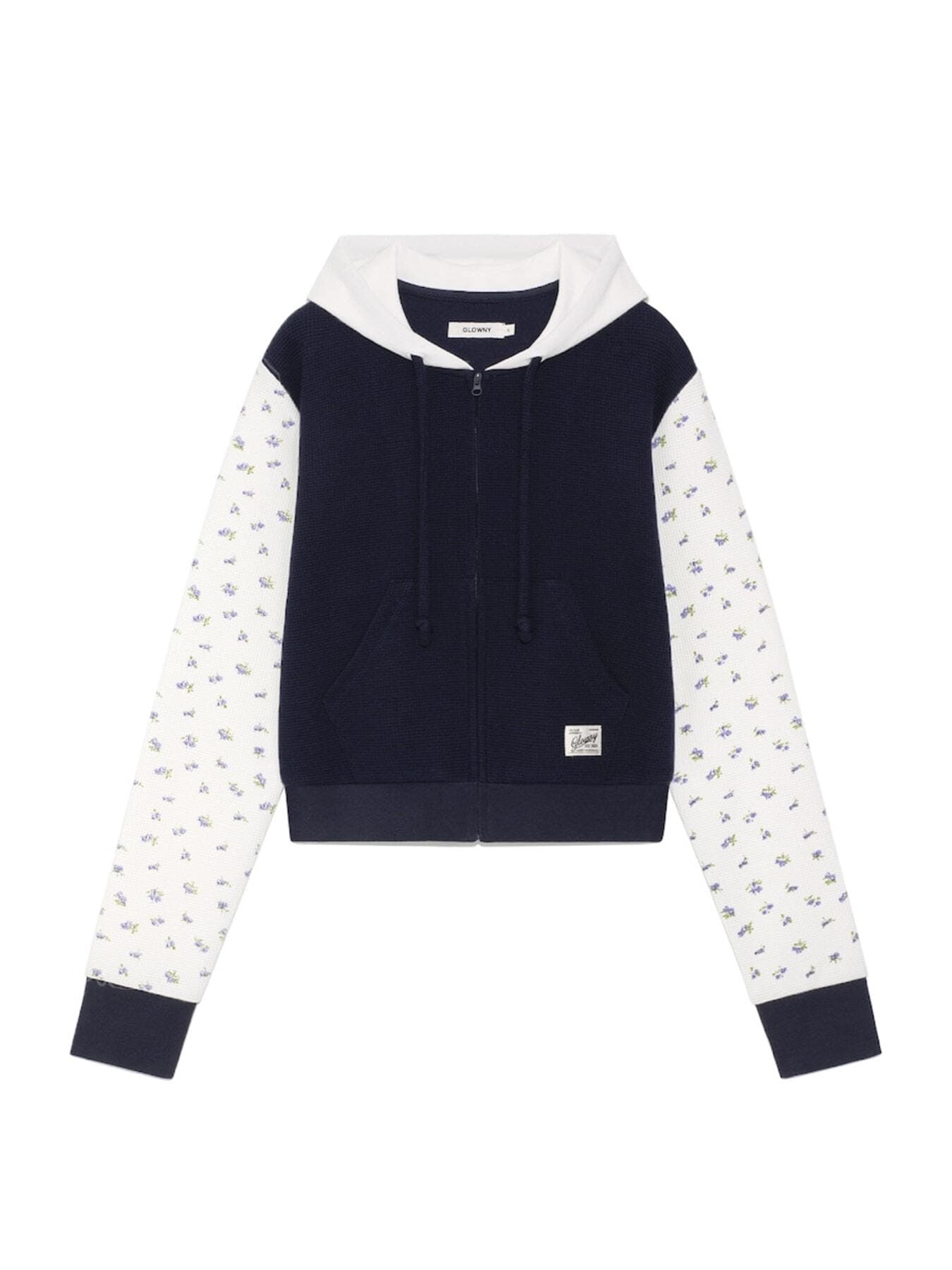 CONTRAST FLORAL WAFFLE HOODIE (NAVY)