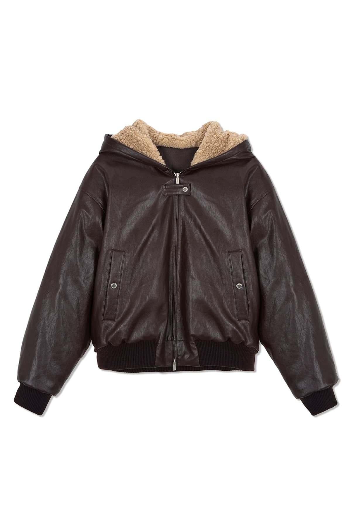 FAUX LEATHER ZIP UP HOODY IN BROWN