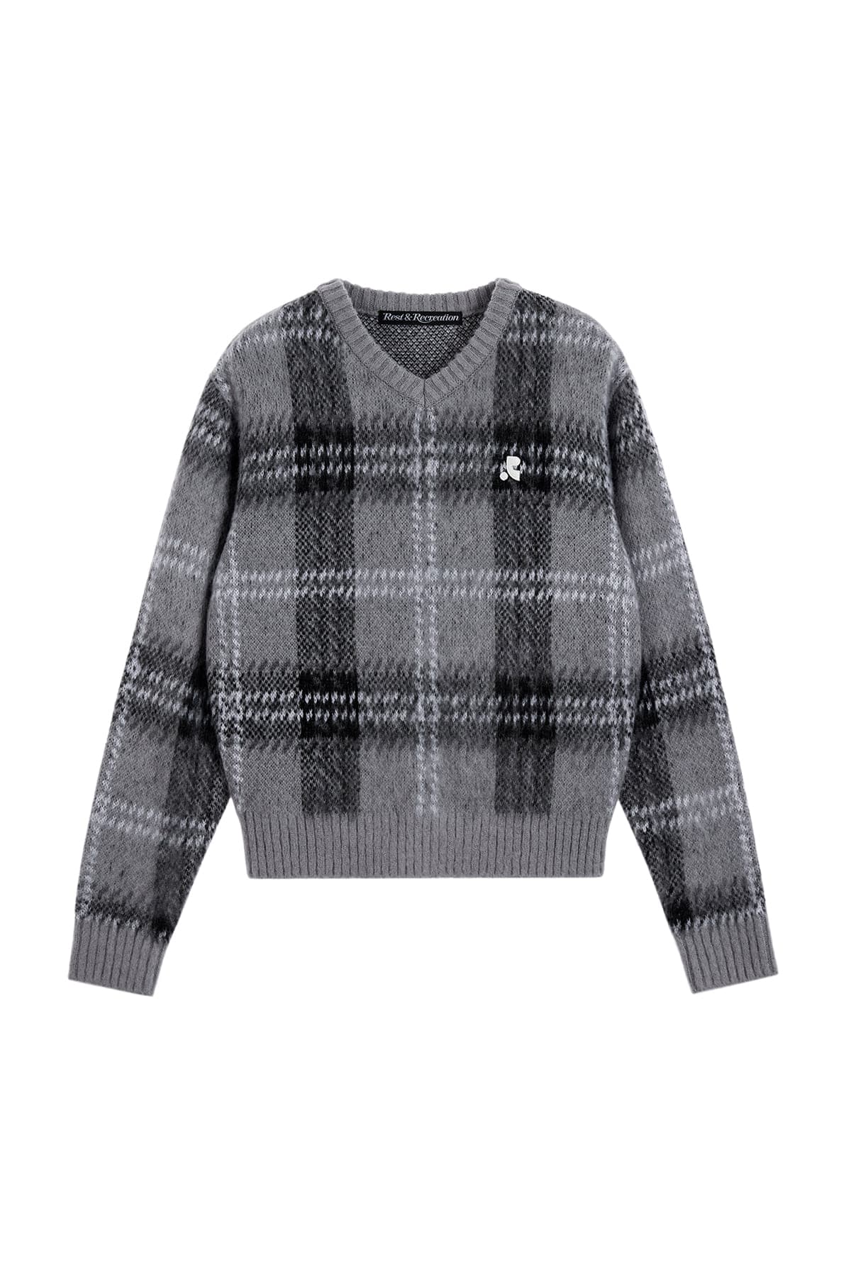 CHECK PATTERN HAIRY SWEATER - GREY