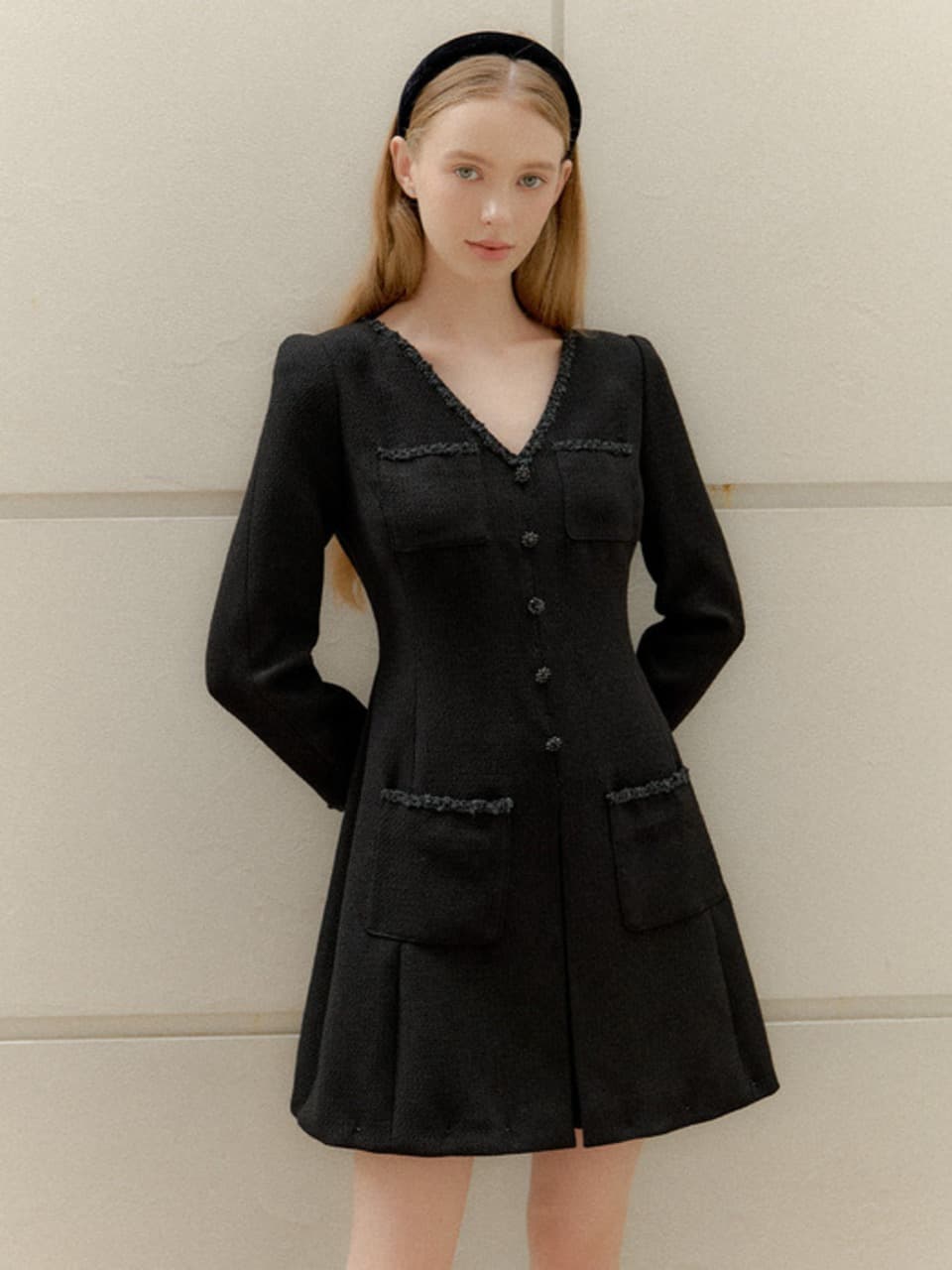 Tweed Pleats Trim Mini-Dress / Black(3color)