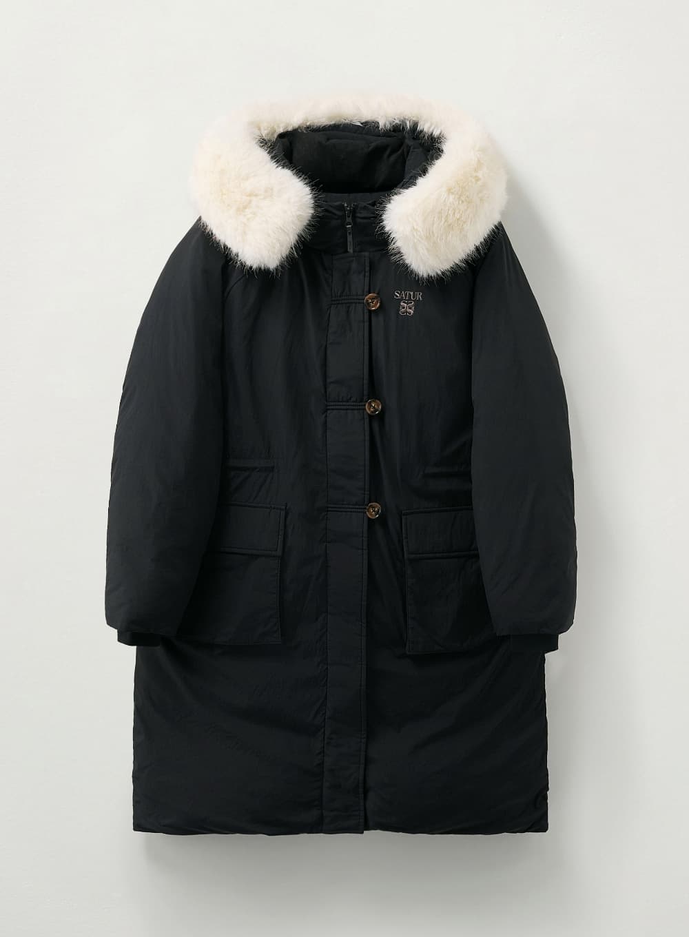 (W) Synthetic Fur Collar Hood Long Down - Black